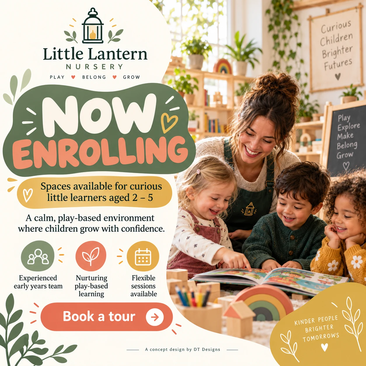 Little Lantern Nursery fictional enrolment campaign with friendly classroom artwork