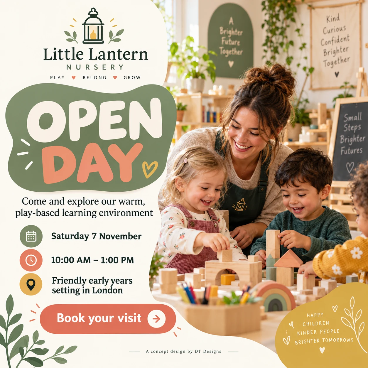 Little Lantern Nursery fictional open-day design with warm learning imagery